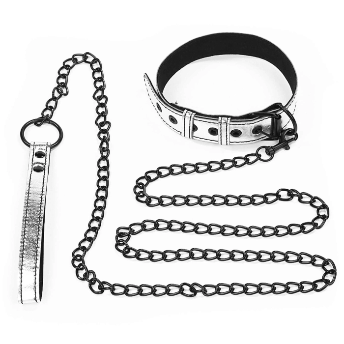 Bondage Fetish erotický obojek s řetízkem - stříbrný