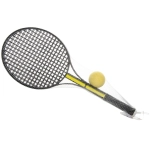 Badminton rackets, tennis with a ball