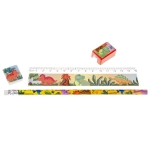 Set of pencil, ruler, eraser and sharpener dinosaurs