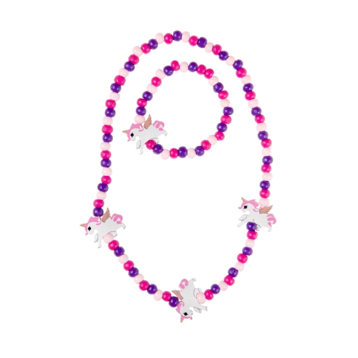 Necklace and bracelet for children with unicorns - wood
