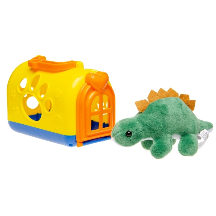 Plush dinosaur in a carrier