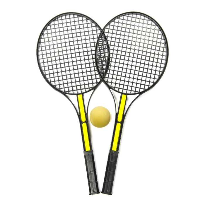 Badminton rackets, tennis with a ball