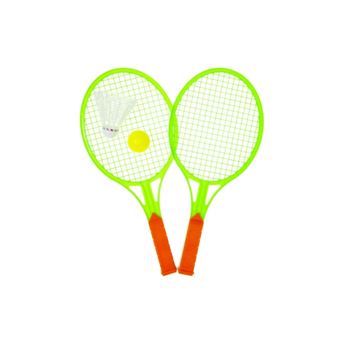 Badminton and tennis rackets with a ball
