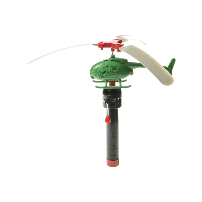 A toy helicopter with manual drive