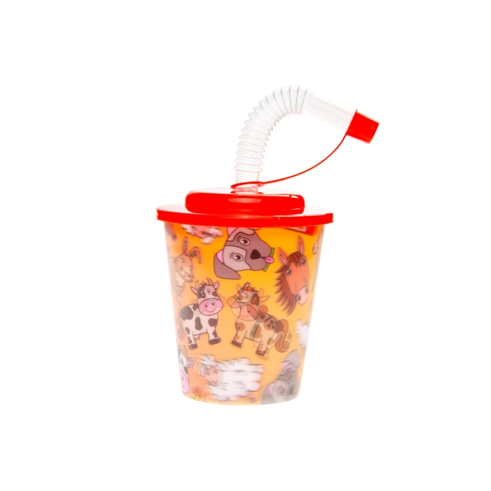 Plastic cup with a tube and a lid - farm animals 3D