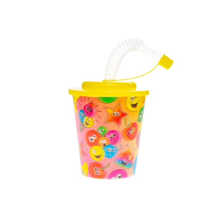 Plastic cup with a tube and a lid - faces 3D emoticons