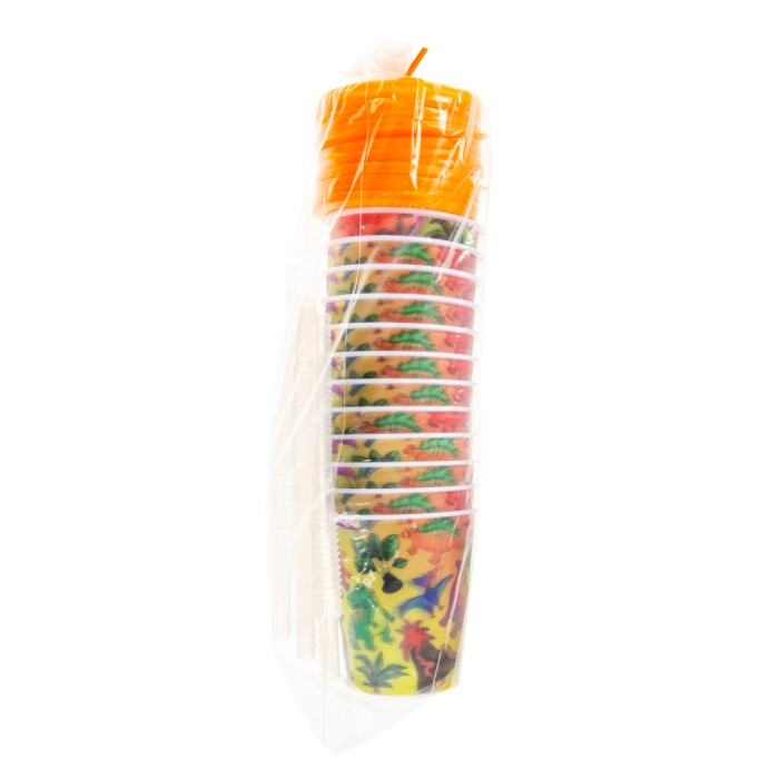 Plastic cup with a tube and a lid - 3D dinosaurs