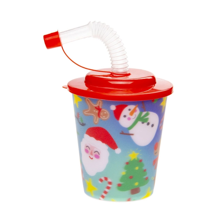 Plastový hrnček s rúrkou a viečkom - Vianočný 3D