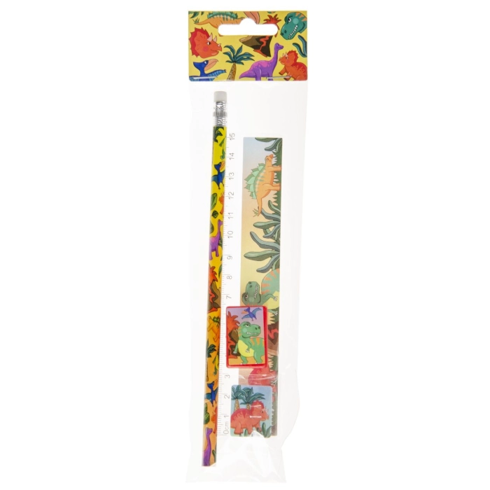 Set of pencil, ruler, eraser and sharpener dinosaurs