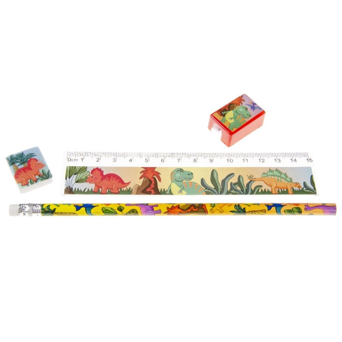 Set of pencil, ruler, eraser and sharpener dinosaurs