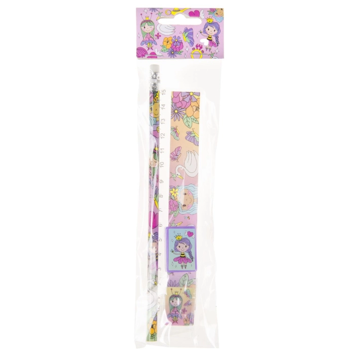 Set of pencil, ruler, eraser and princess sharpener