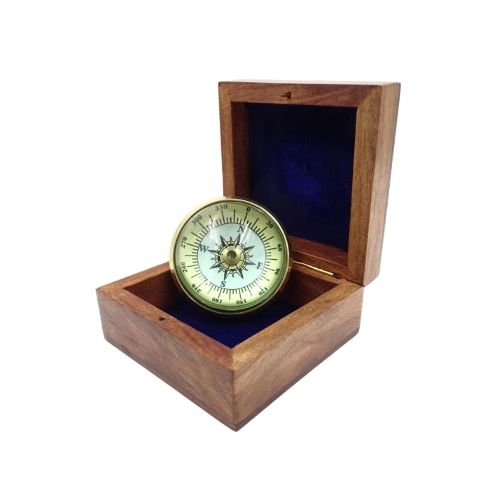 Brass lenticular compass in a wooden box