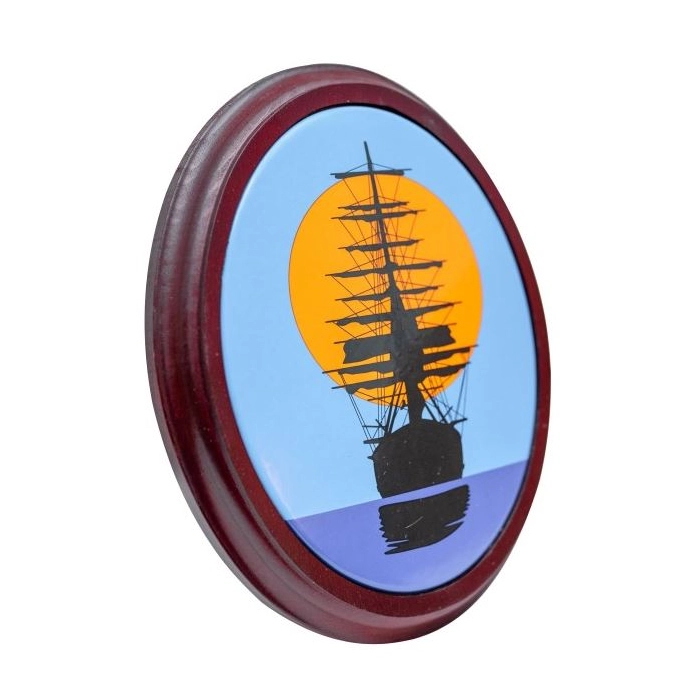 A sailing ship - enameled signboard, wooden binding