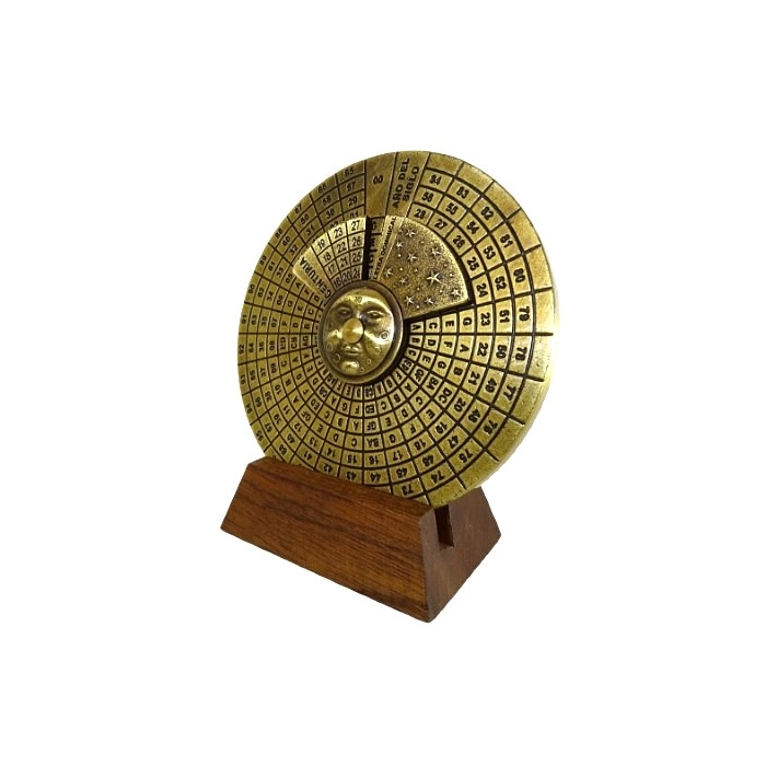 Brass perpetual calendar on a wooden base