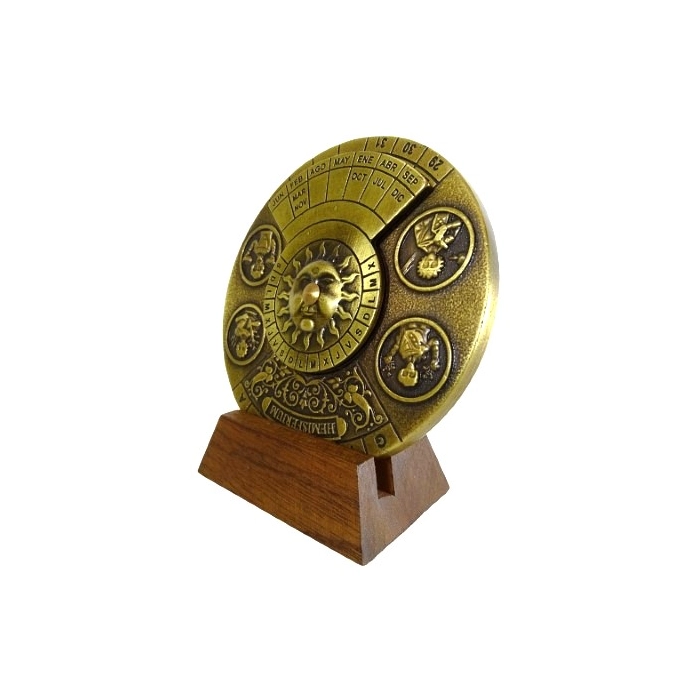 Brass perpetual calendar on a wooden base