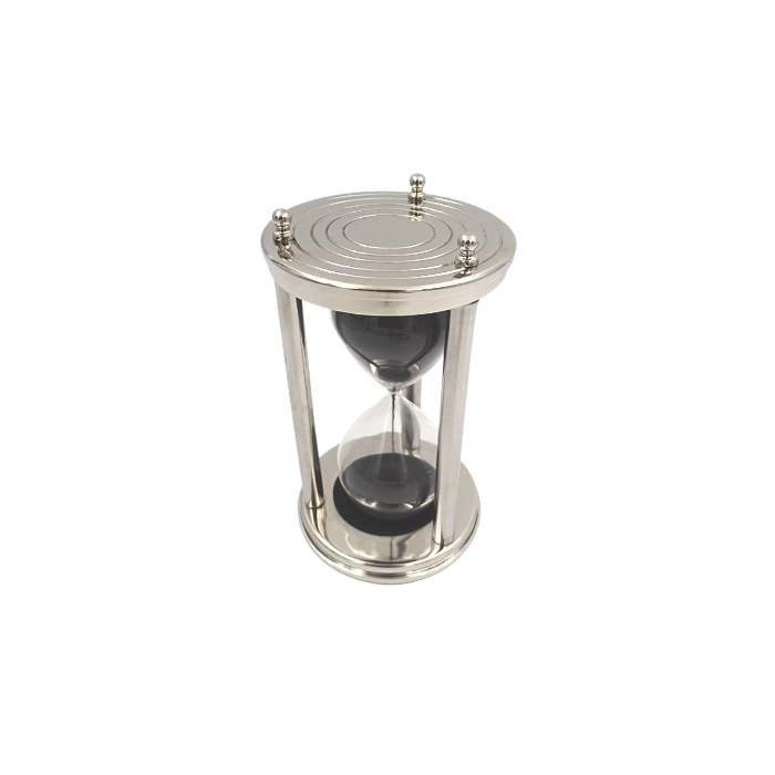 Metal hourglass with black sand