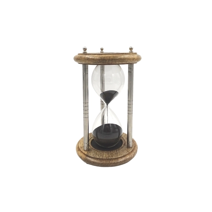 Brass and wooden hourglass with black sand