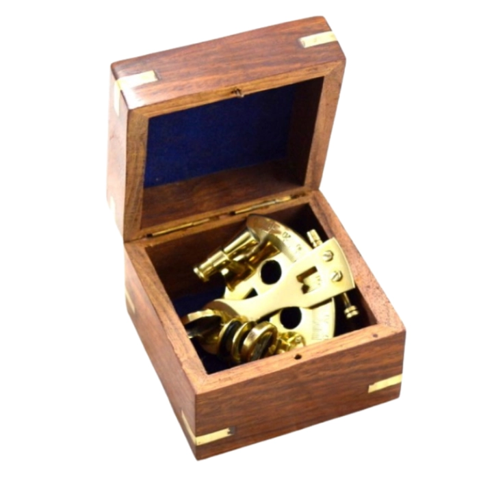 A small brass sextant in a wooden box