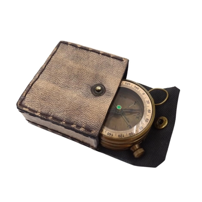 Brass compass in a leather case