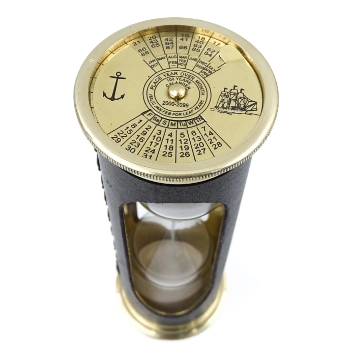 Hourglass 5 min. With world clock and perpetual calendar in leather case