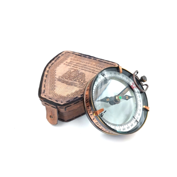 Magnetic compass - map reader in a leather case