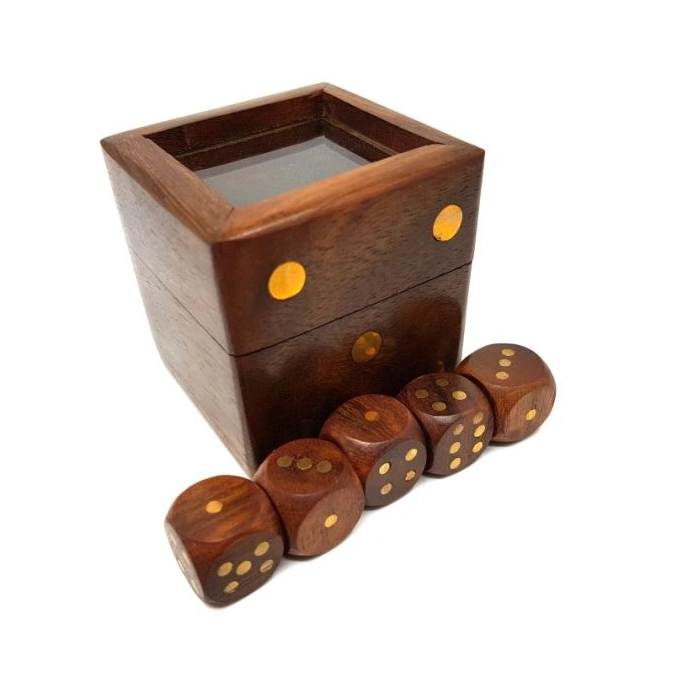 Dice game in a wooden box with a glass top