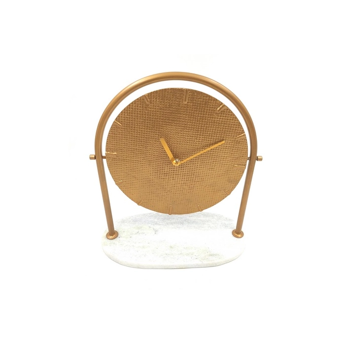 Round metal clock on a marble base