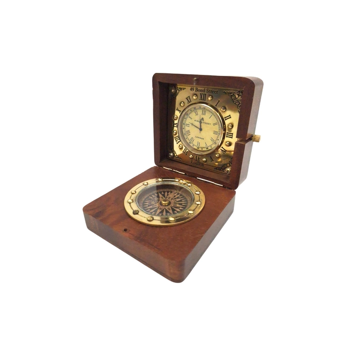 Exclusive Set: Brass Compass and Clock in a Wooden Box