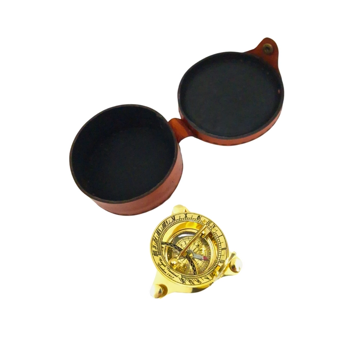 Brass Compass and Sundial in Leather Case