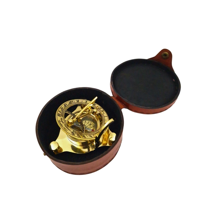 Brass Compass and Sundial in Leather Case
