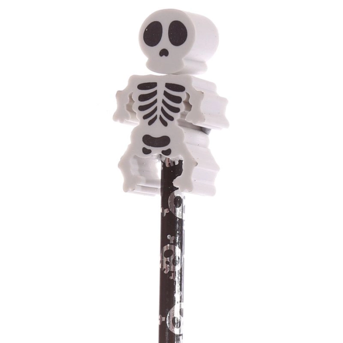 A pencil with a skeleton-shaped eraser