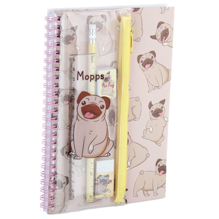 School set - equipped with pencil case + notebook, Pug