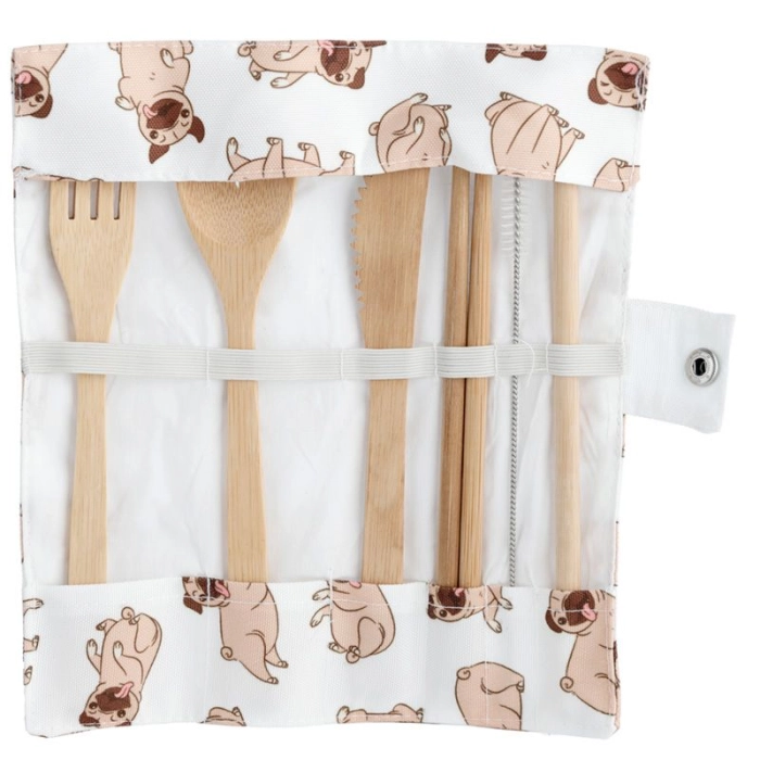 Bamboo cutlery in a case - Pug