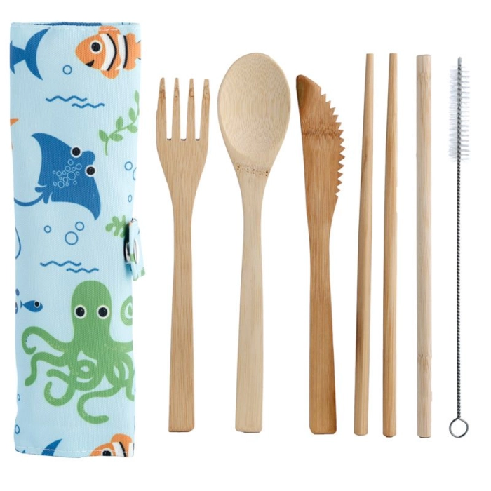Bamboo cutlery in a case - Sea life