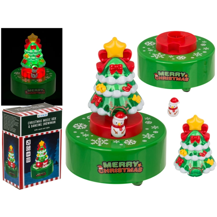 A Christmas tree music box with a dancing snowman - it plays, lights up and moves