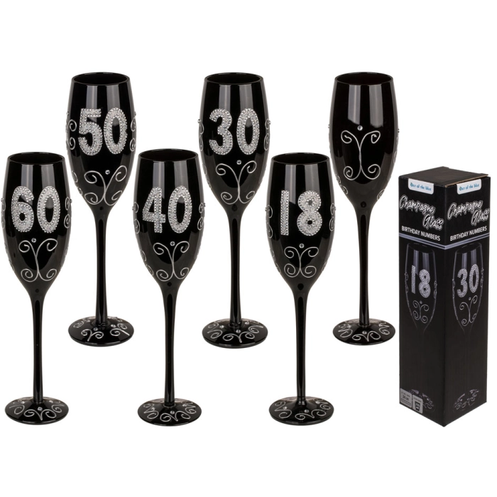 'Black Pearl' Champagne Glasses with Glitter Accent - A Toast to Your Age!