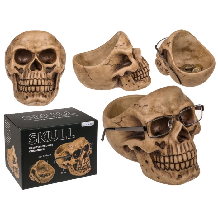 Skull-shaped organizer with glasses holder - brown