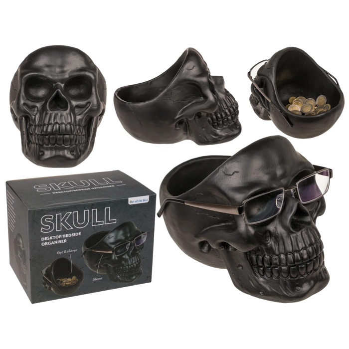 Skull-shaped organizer with glasses holder - black