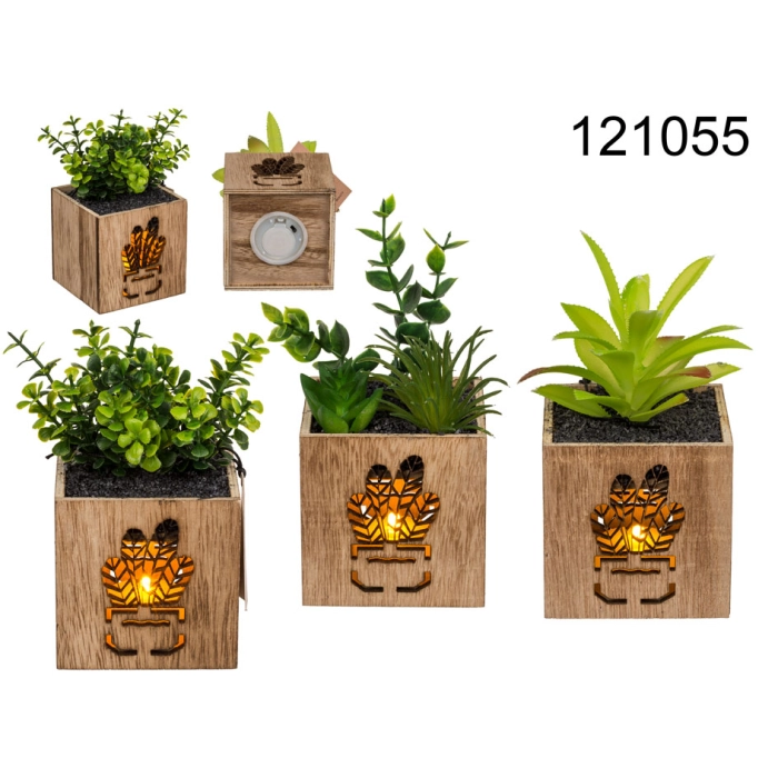 Decorative plant in a wooden LED pot