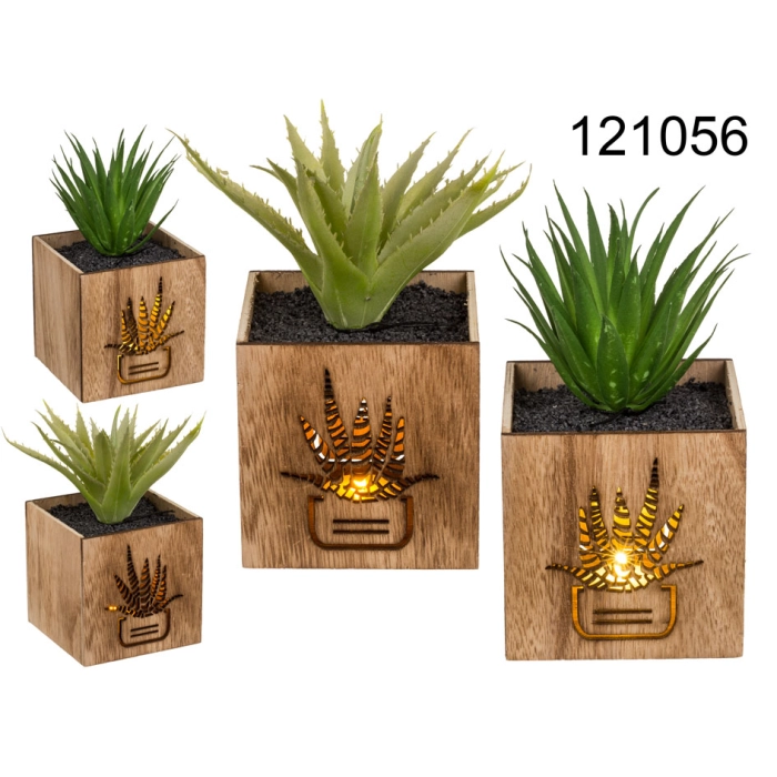 Decorative plant in a wooden LED pot