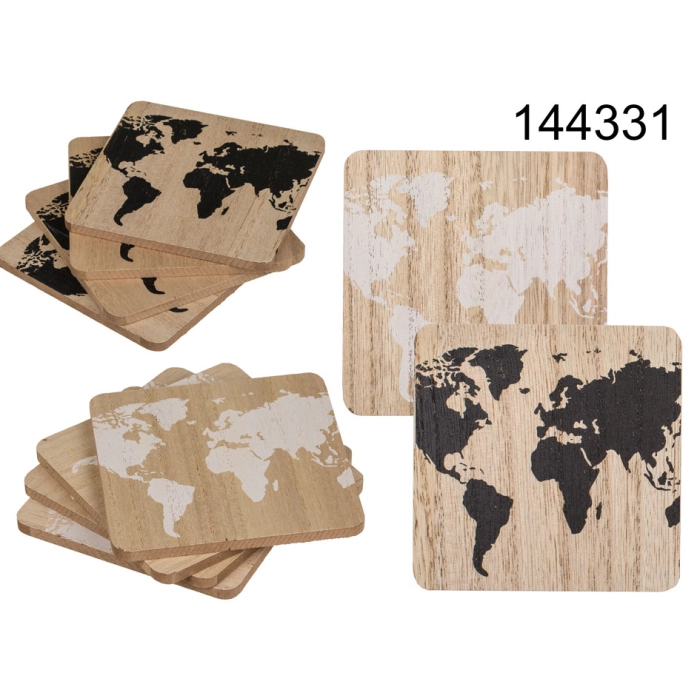 Wooden pads under the cups pattern world map (4 pieces)