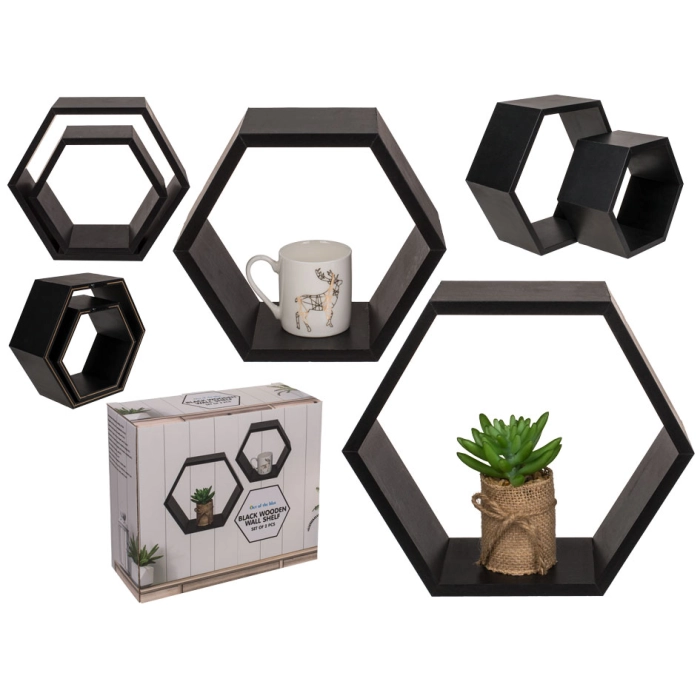 Hexagonal wooden shelves - set of 2