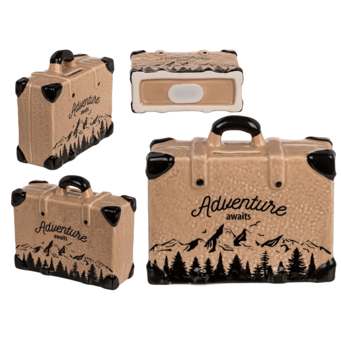 Piggy bank suitcase for a traveler - Adventure awaits