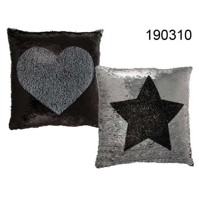 Silver/Black Sequin Cushion with Heart and Star