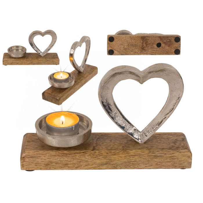 Tealight candle holder with a heart on a wooden base