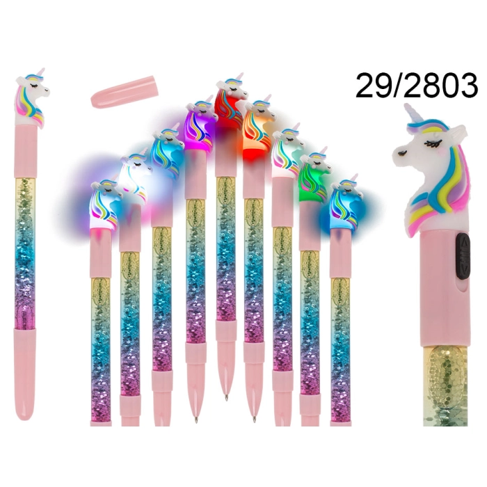 Rainbow ballpen with floating glitter and illuminated unicorn