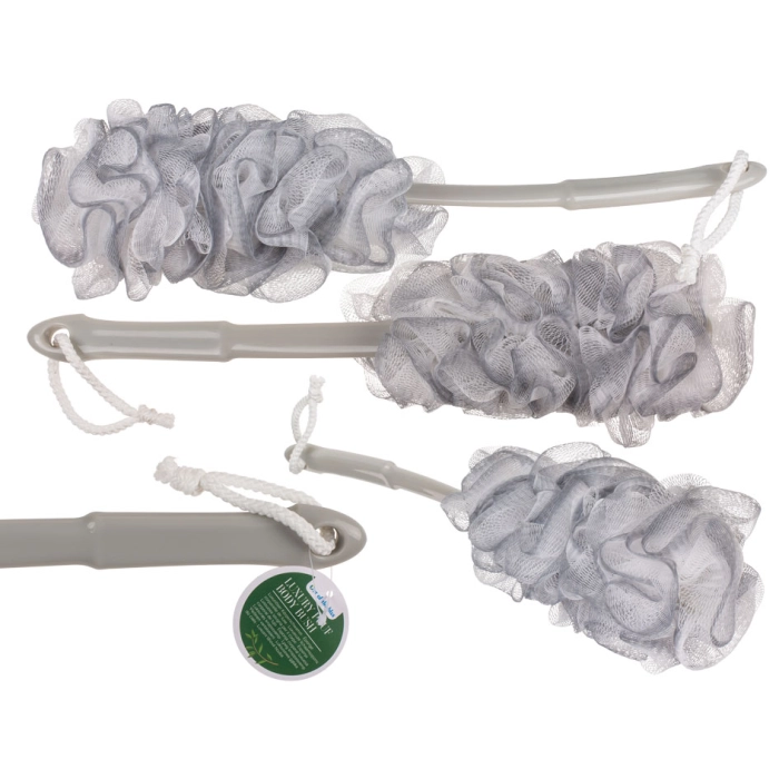 Luxurious mesh washcloth with a long handle - White