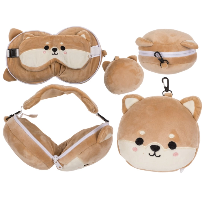 Plush travel pillow and eye mask - Shibu Inu dog