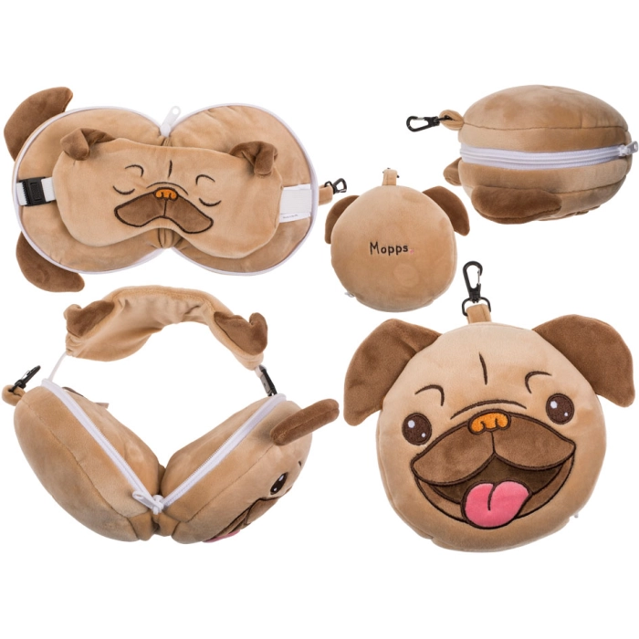Pug plush travel pillow and eye mask