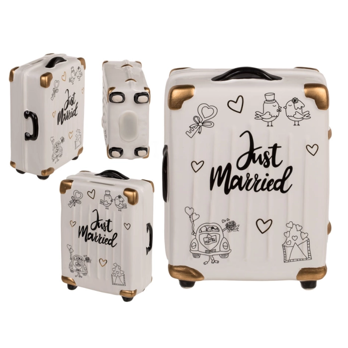 Piggy bank suitcase on wheels - Just Married